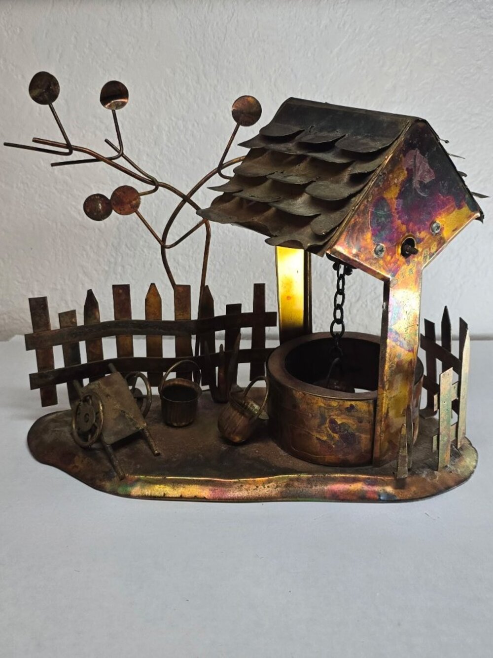Vintage Brass Copper Wishing Well Sculpture Tabletop Decor Made in Hong Kong